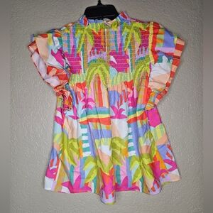 CROSBY By Mollie Burch $175 Tiered Shirred Vibrant Print Top Size Small